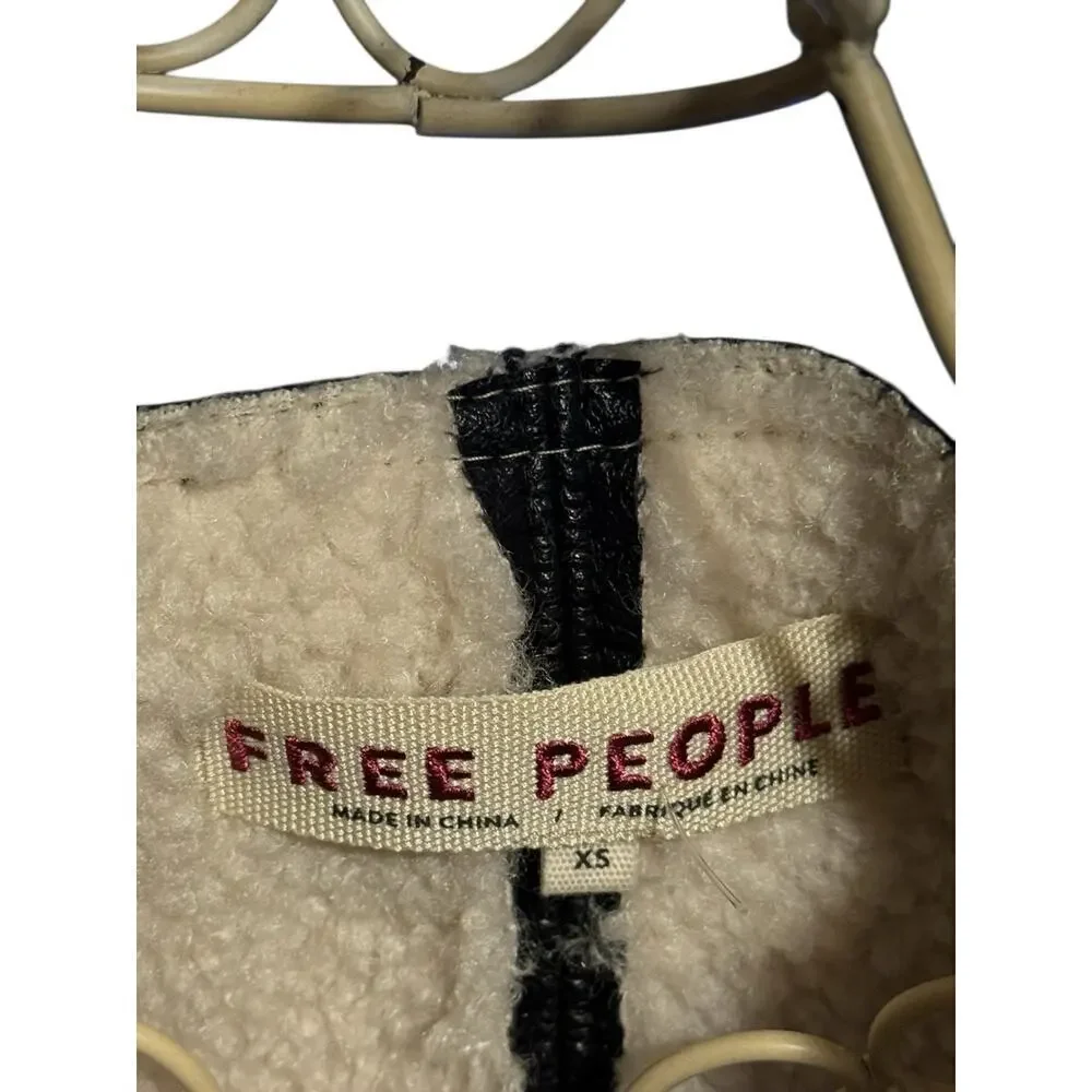 FREE PEOPLE Faux Leather Fur Lined  Vest XS Black Embroidered